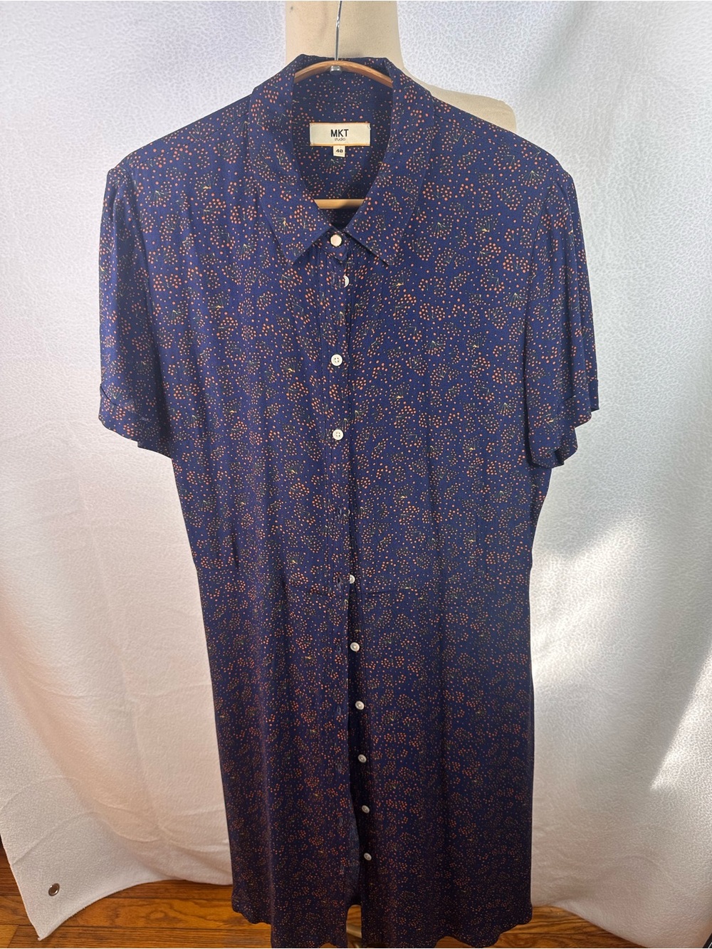 MKT Studio London Navy Short-Sleeve Button-Up dress with Orange Dot Print